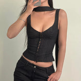 Black Button Up Corset Top Casual Solid Sleeveless Skinny Tank Tops for y2k Vintage Clothing Streetwear Basic Vest